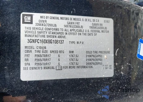 2008 Chevrolet Suburban 1500 Lt z USA, uszkodzony, nr VIN 3GNFC160X8G108137